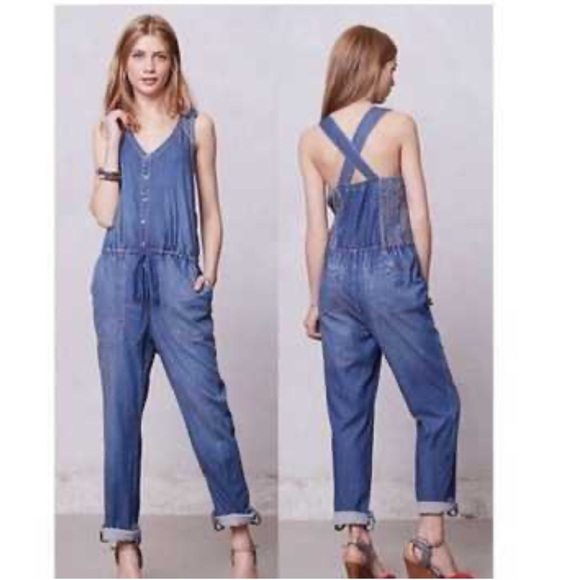 ANTHROPOLOGIE HOLDING HORSES Eyelet Chambray Denim Jean Jumper Overalls Jumpsuit - Picture 1 of 12